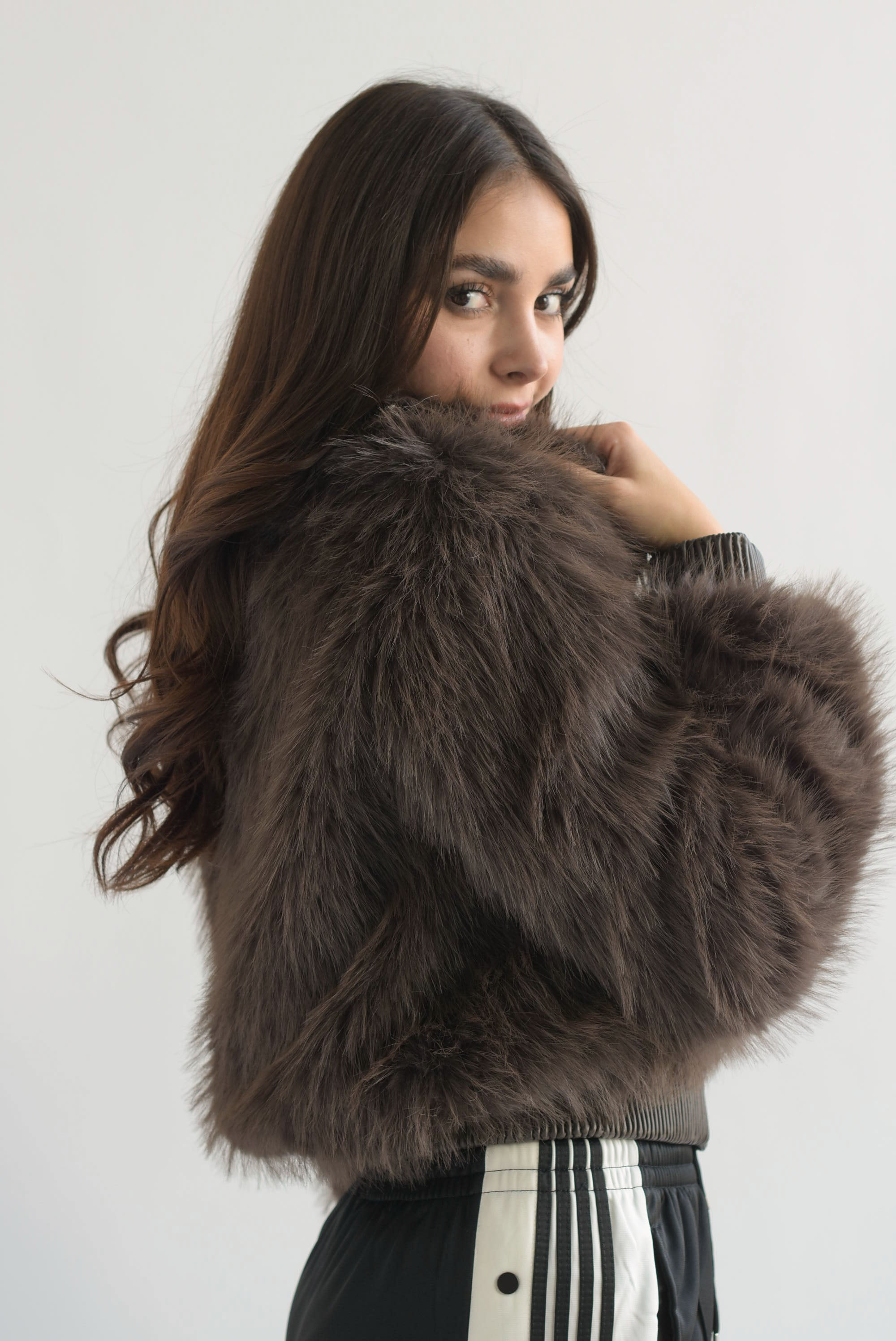 Chamarra bomber faux fur con vinipiel Espresso