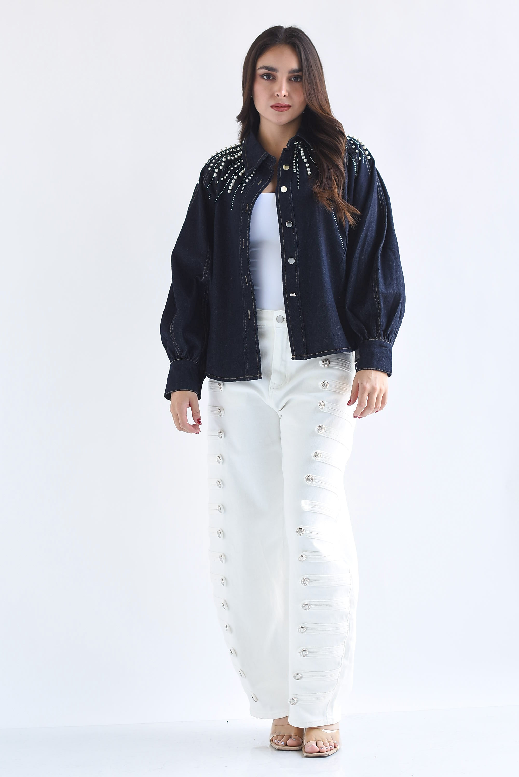 Shacket Denim manga globo perlas y brillos