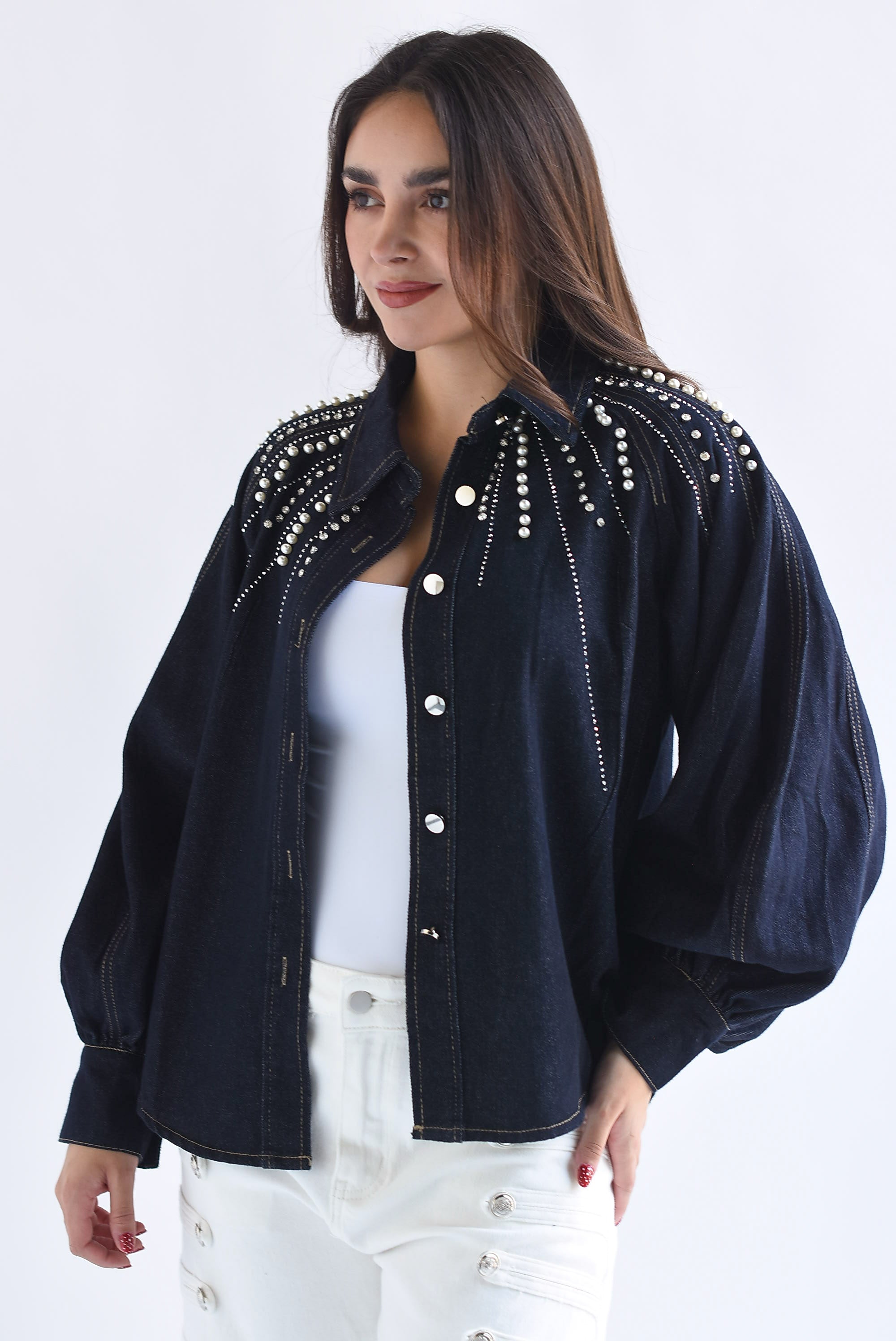 Shacket Denim manga globo perlas y brillos