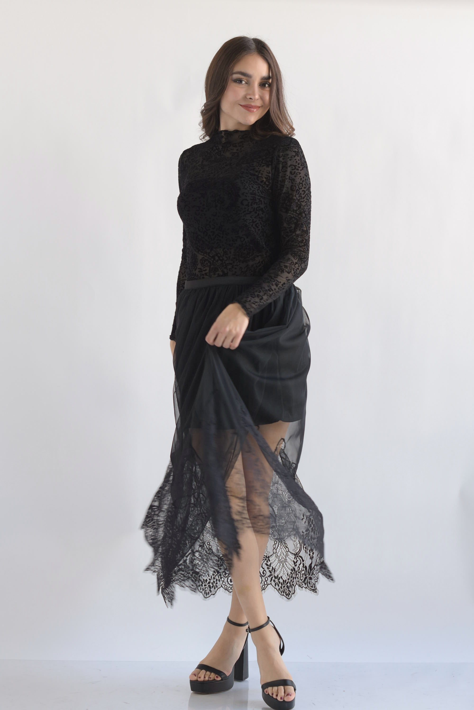 Falda mesh con encaje Negro