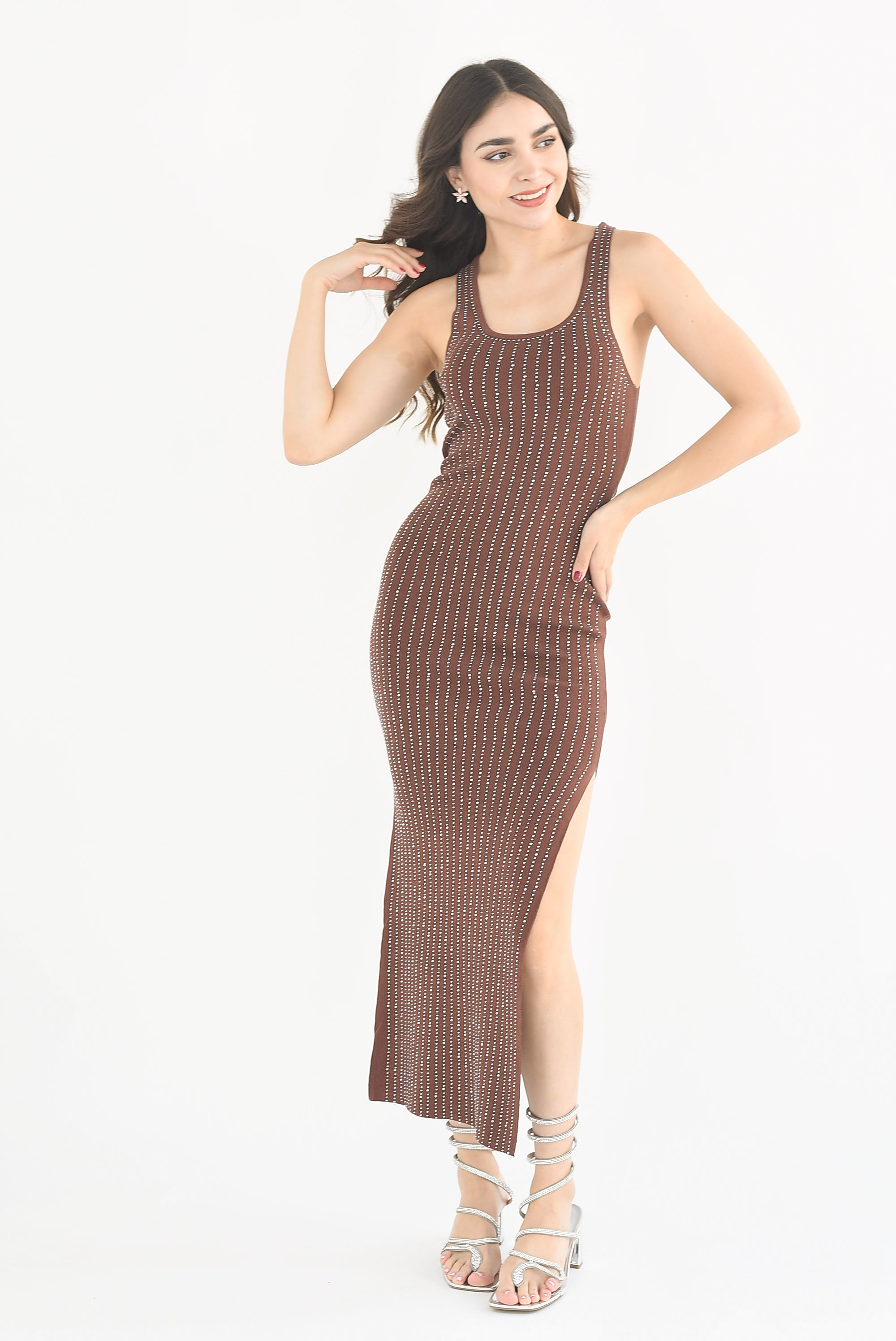 Vestido entallado brillos Chocolate