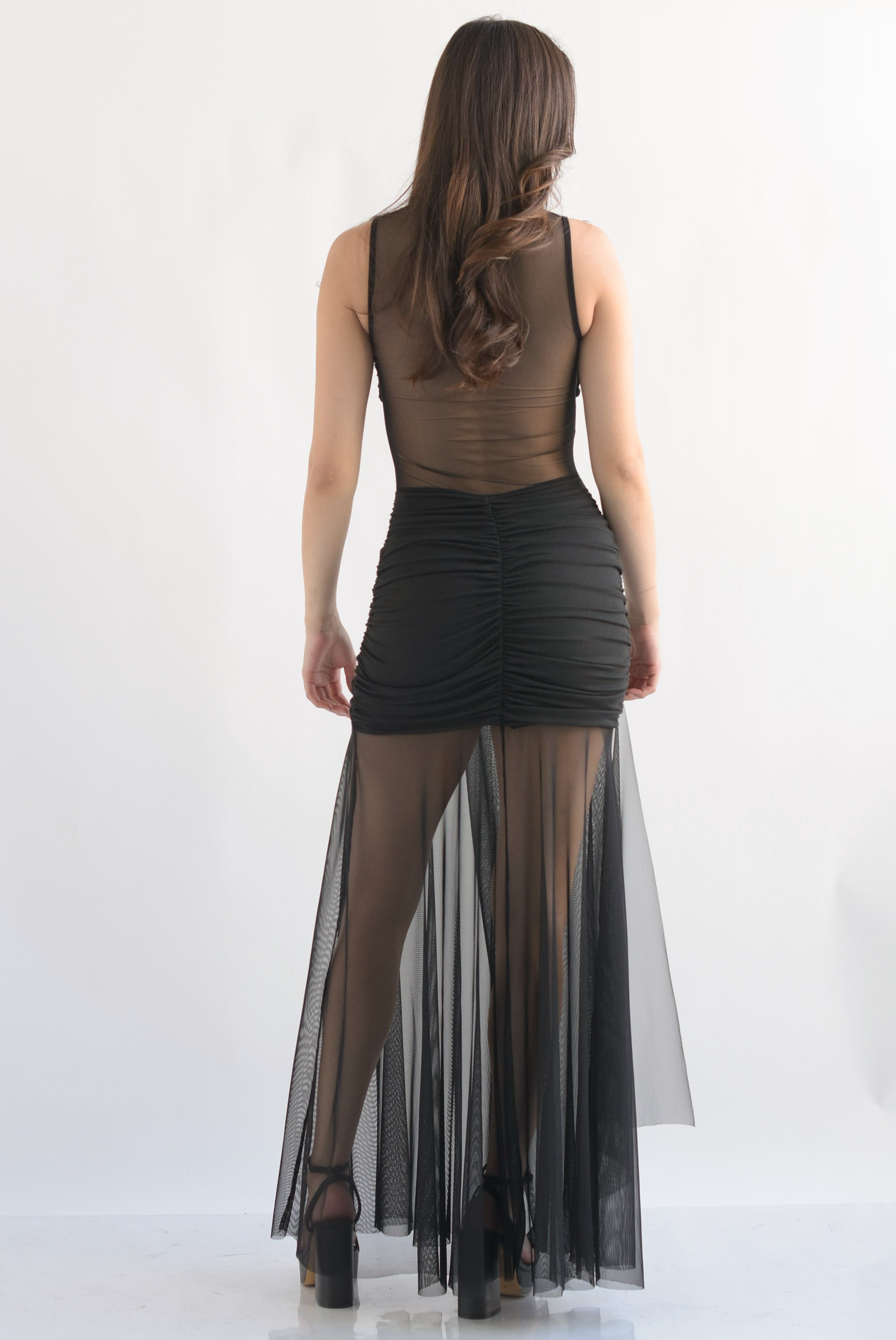 Vestido mesh con top y pretina drapeada algodón Negro