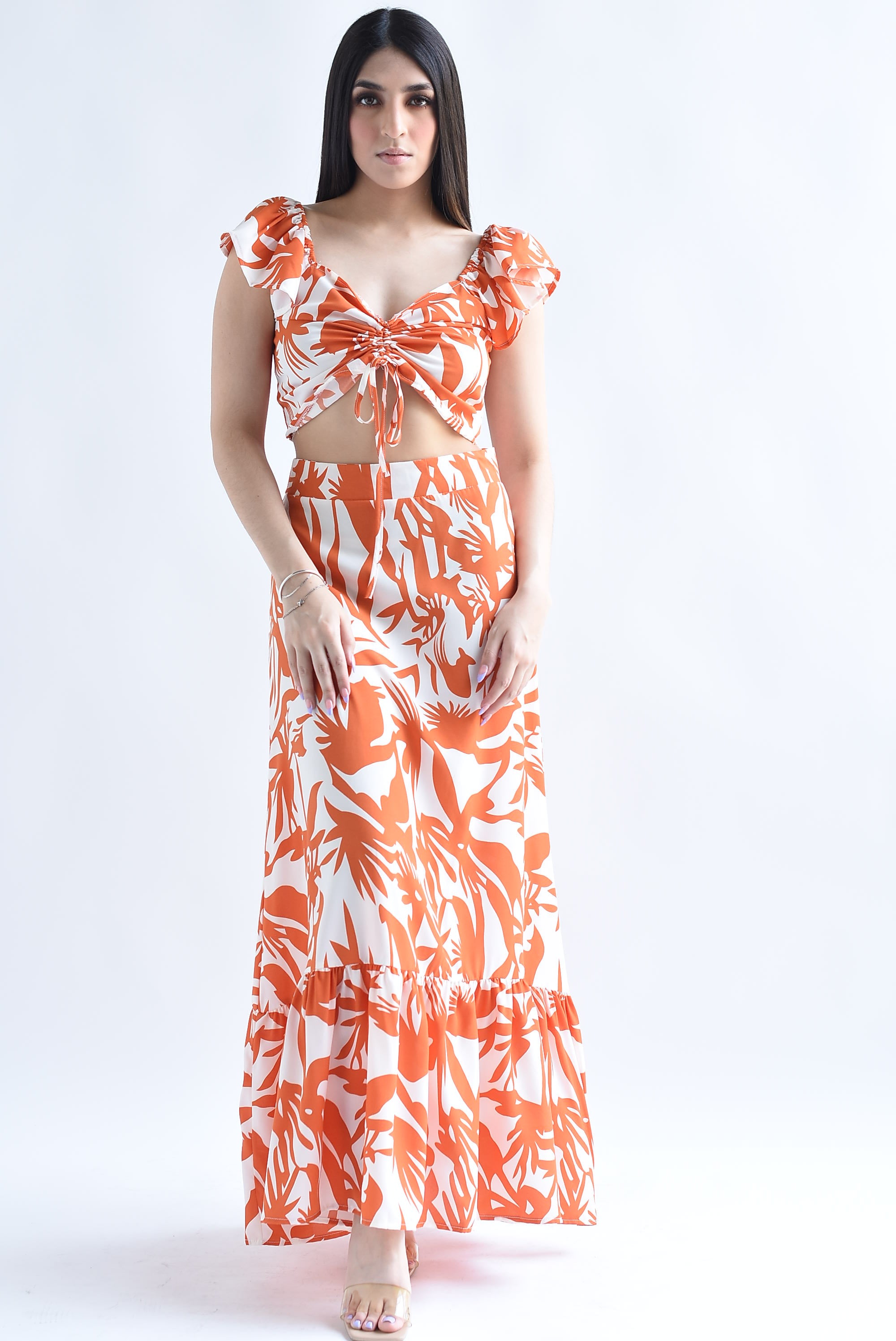 Set Falda y Blusa drapeada Hojas Naranja