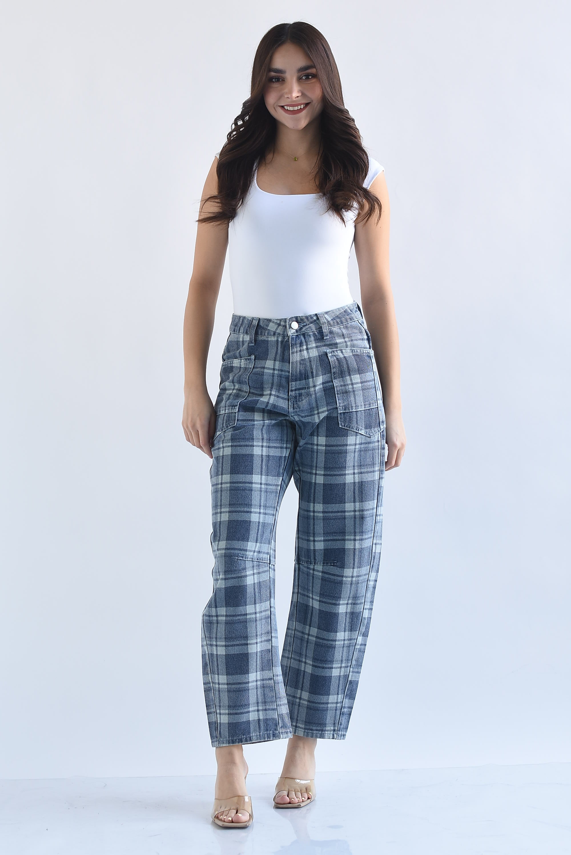 Jeans barrel caudros bolsillos