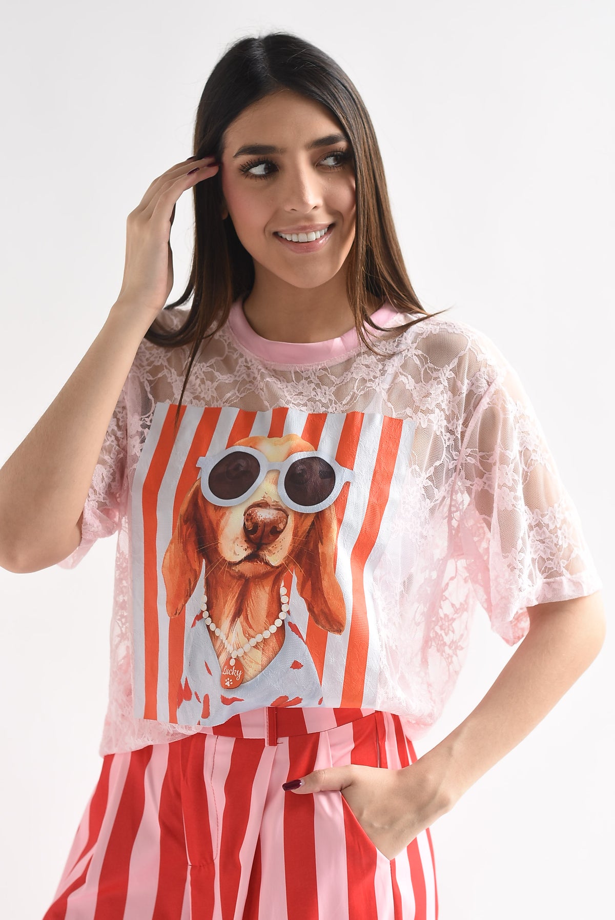 T-Shirt perro gafas rayas encaje