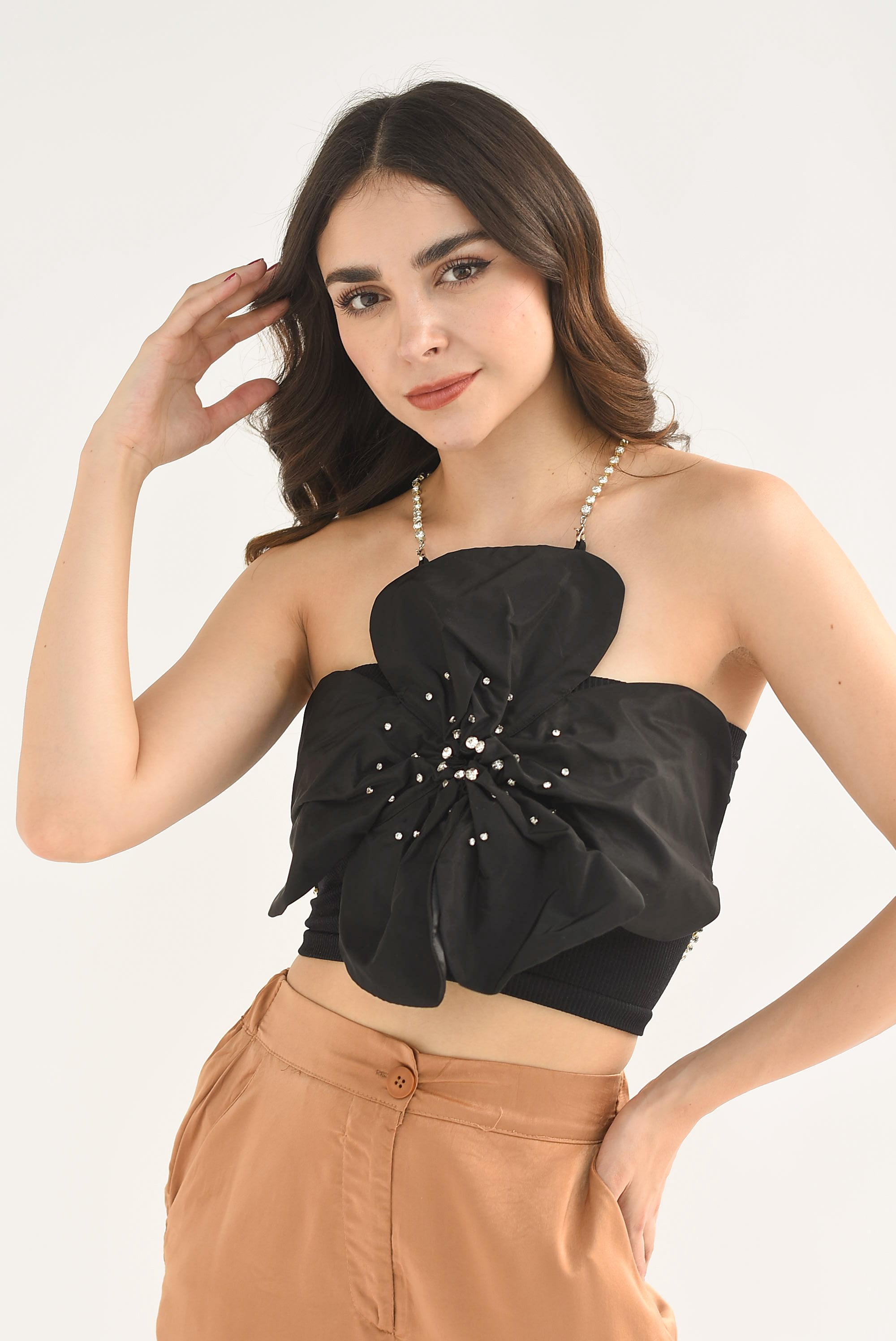 Top Flor con brillos Negra