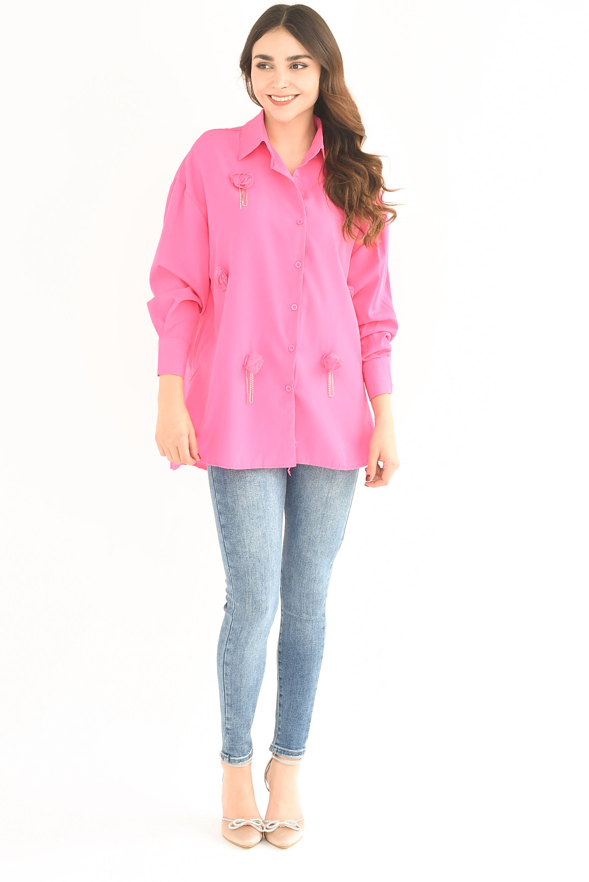 Camisa larga Flor y Brillos Fiusha