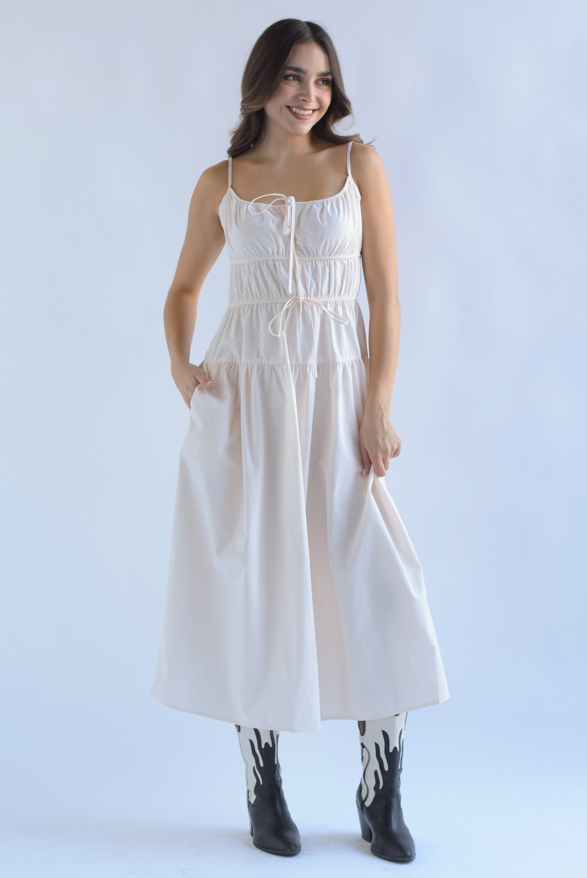 Vestido pecho drapeado lazos Ivory