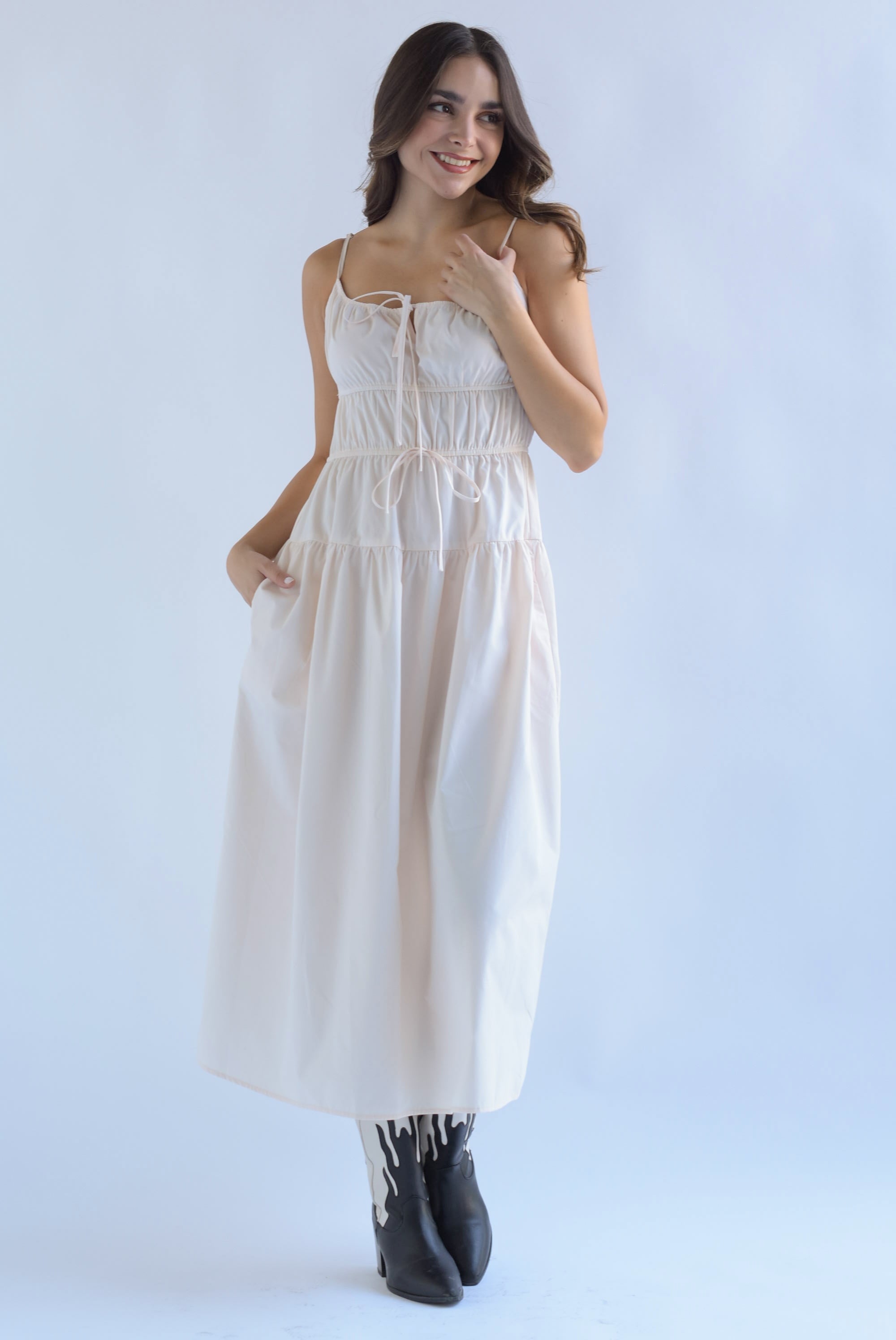 Vestido pecho drapeado lazos Ivory