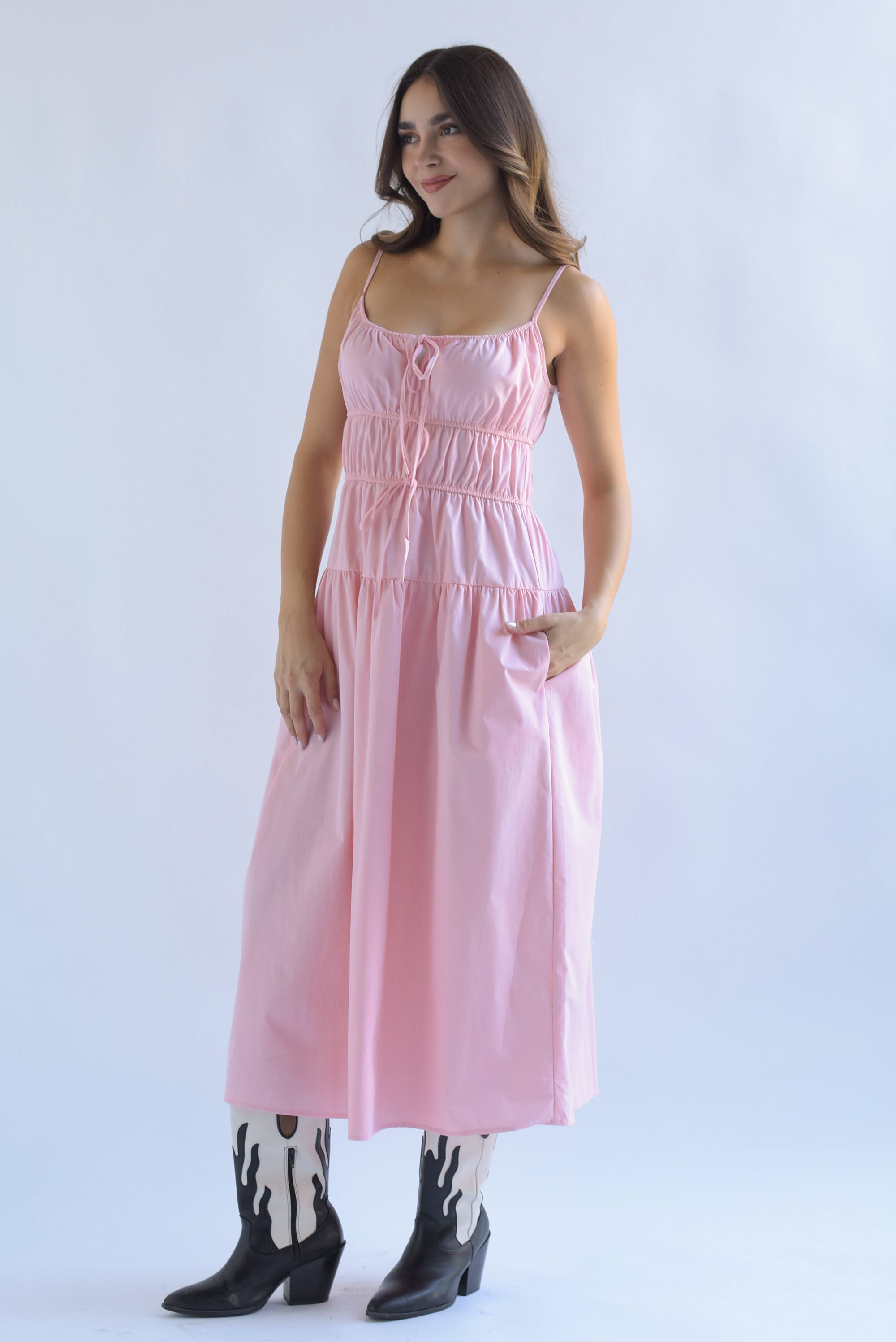 Vestido pecho drapeado lazos Rosa