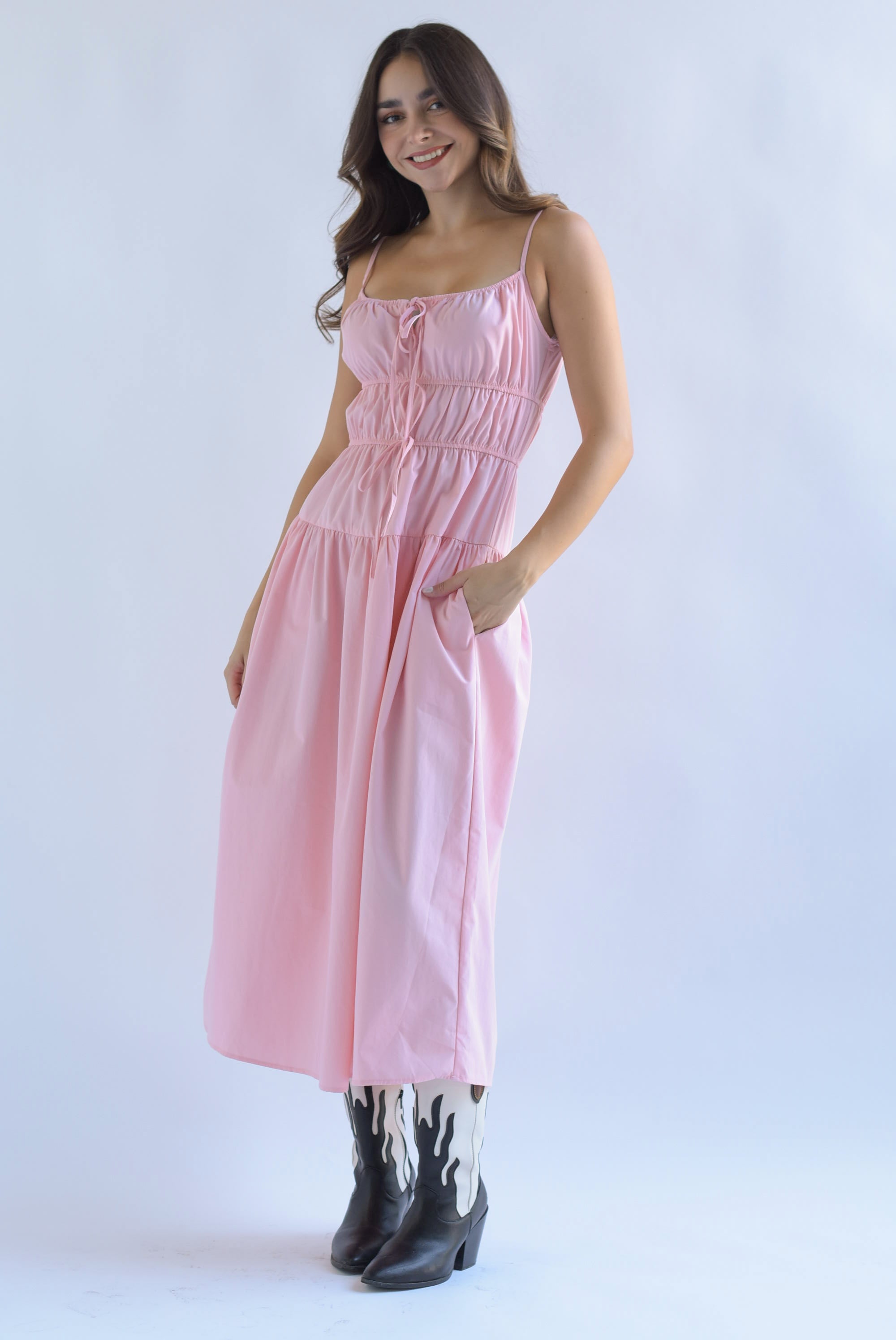 Vestido pecho drapeado lazos Rosa