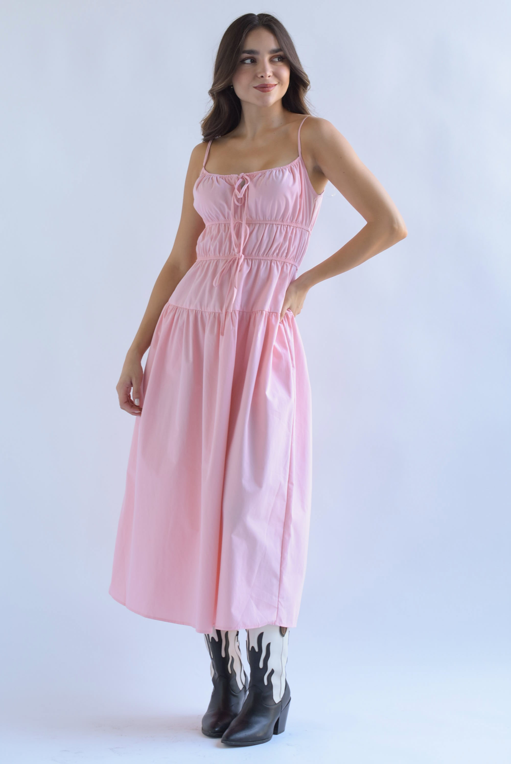 Vestido pecho drapeado lazos Rosa
