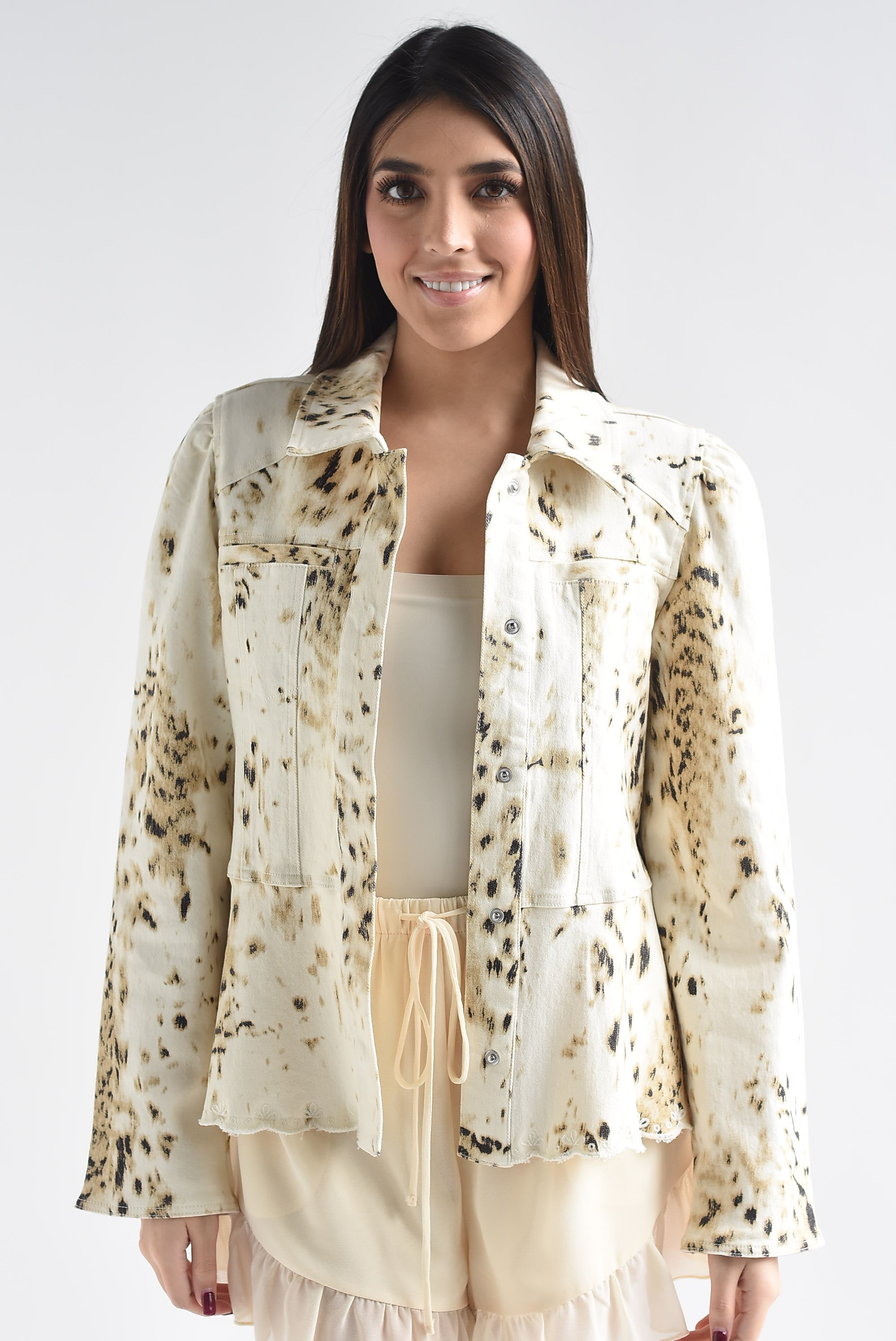 Chamarra Denim peplum animal print