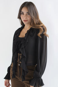 Fashion Styled Blusa manga larga olanes gasa Negro