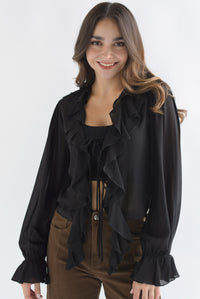 Fashion Styled Blusa manga larga olanes gasa Negro