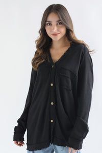 Fashion Styled Camisa larga deshilachada lino Negro