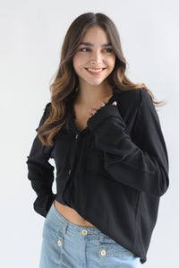 Fashion Styled Camisa larga deshilachada lino Negro
