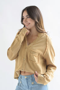 Fashion Styled Camisa larga deshilachada lino Camel