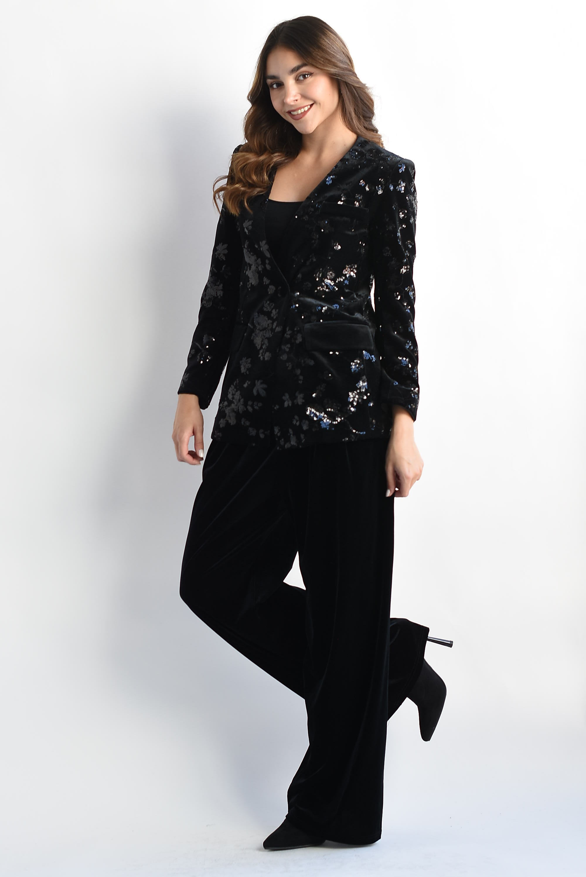 Set de Pantalón y Blazer terciopelo y lentejuelas Negro