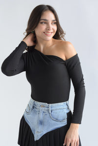 Fashion Styled Body cuello asimétrico canalé Negro