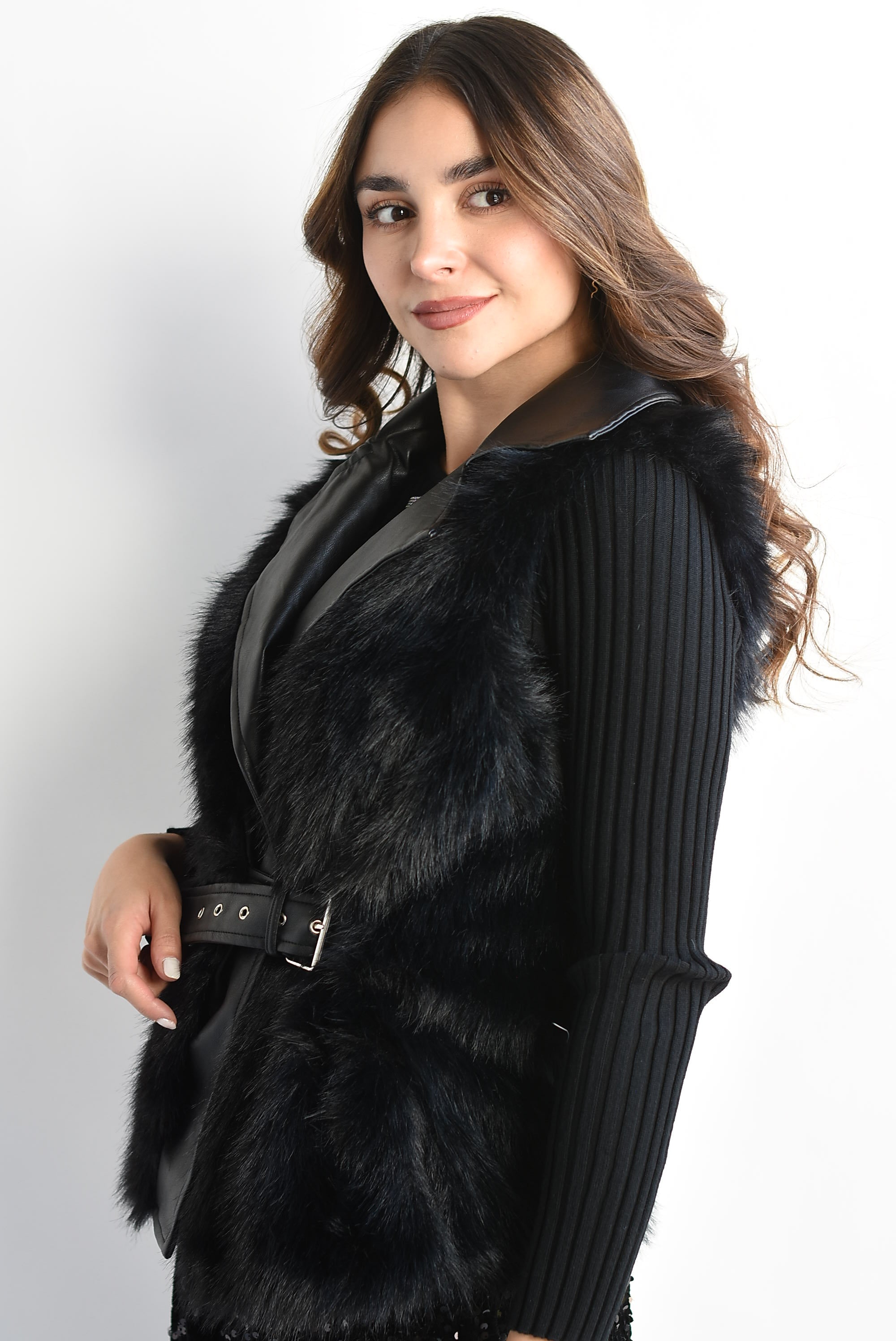 Chaleco fur vinipiel cinturón Negro