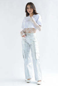 Fashion Styled Jeans cargo metálico jaretas Plata