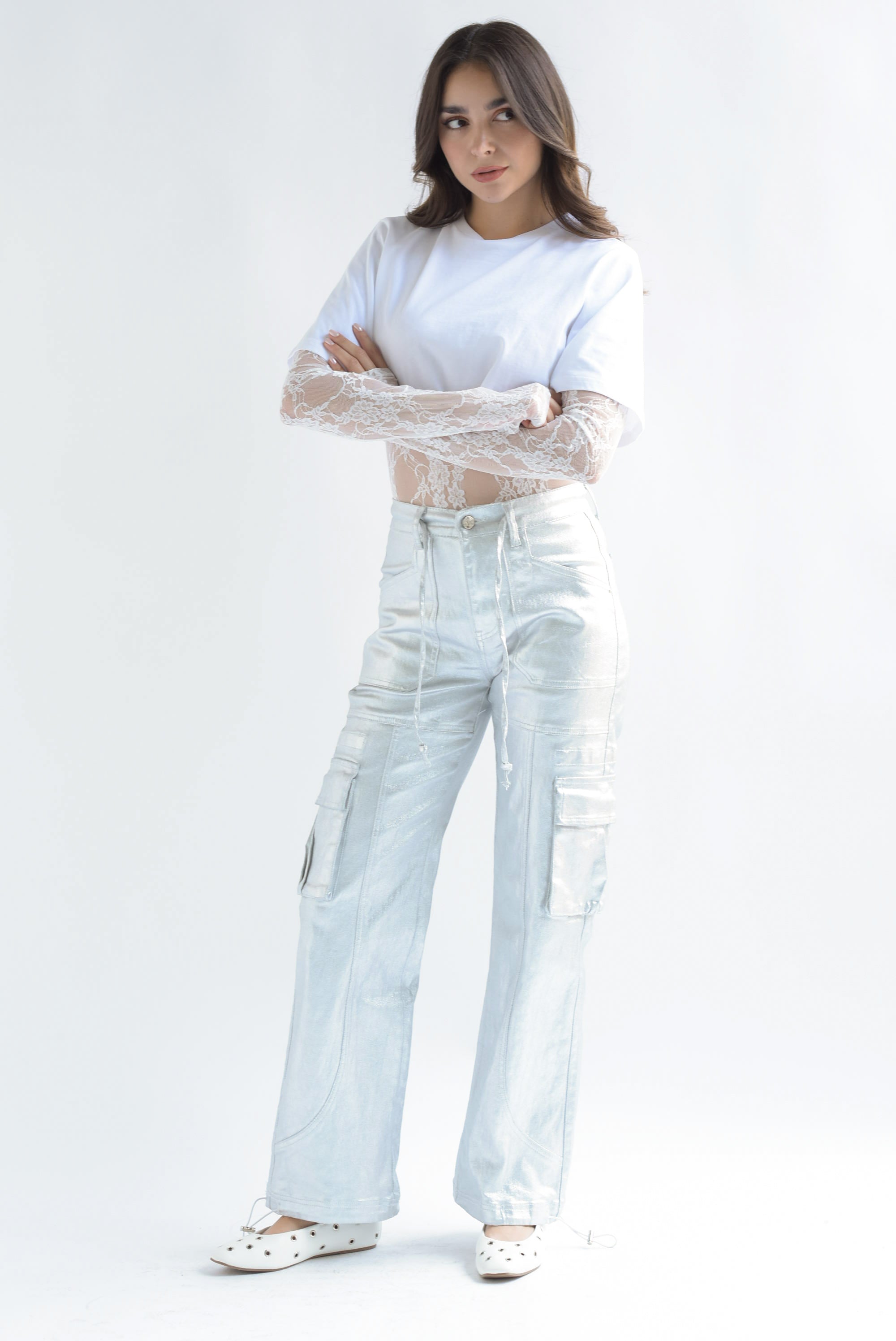Jeans cargo metálico jaretas Plata