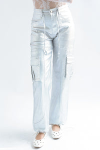 Fashion Styled Jeans cargo metálico jaretas Plata