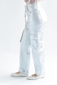 Fashion Styled Jeans cargo metálico jaretas Plata