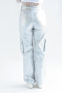 Fashion Styled Jeans cargo metálico jaretas Plata