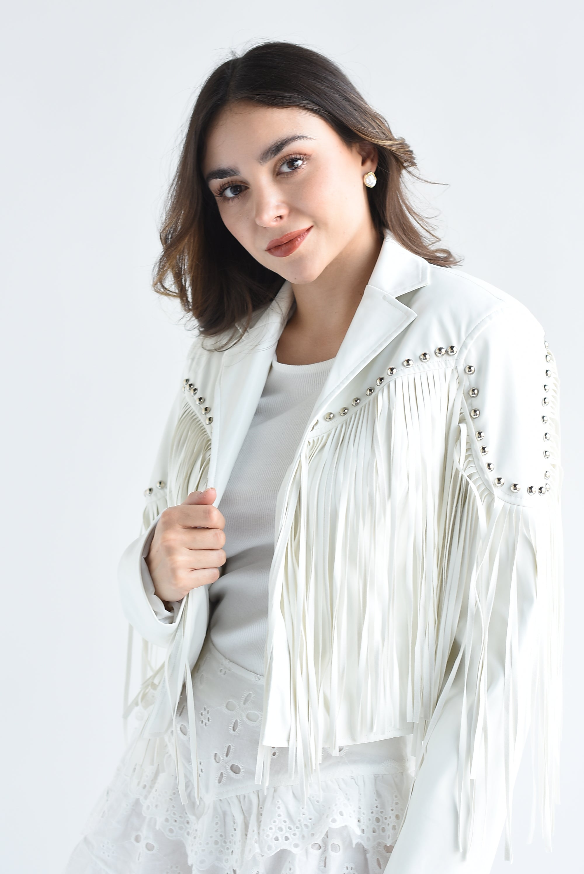 Chamarra flecos vinipiel Blanco