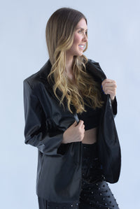 Fashion Styled Blazer vinipiel bolsillos ojal Negro