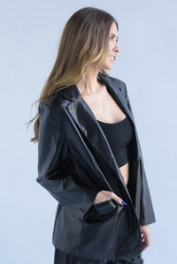 Fashion Styled Blazer vinipiel bolsillos ojal Negro