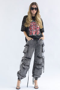 Fashion Styled Jeans jogger multi cargo Denim Negro
