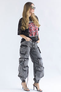 Fashion Styled Jeans jogger multi cargo Denim Negro
