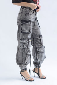 Fashion Styled Jeans jogger multi cargo Denim Negro
