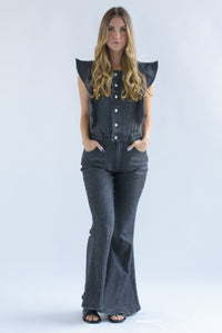 Fashion Styled Jumpsuit campana olán mangas Denim Negro
