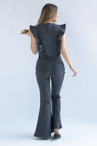 Fashion Styled Jumpsuit campana olán mangas Denim Negro
