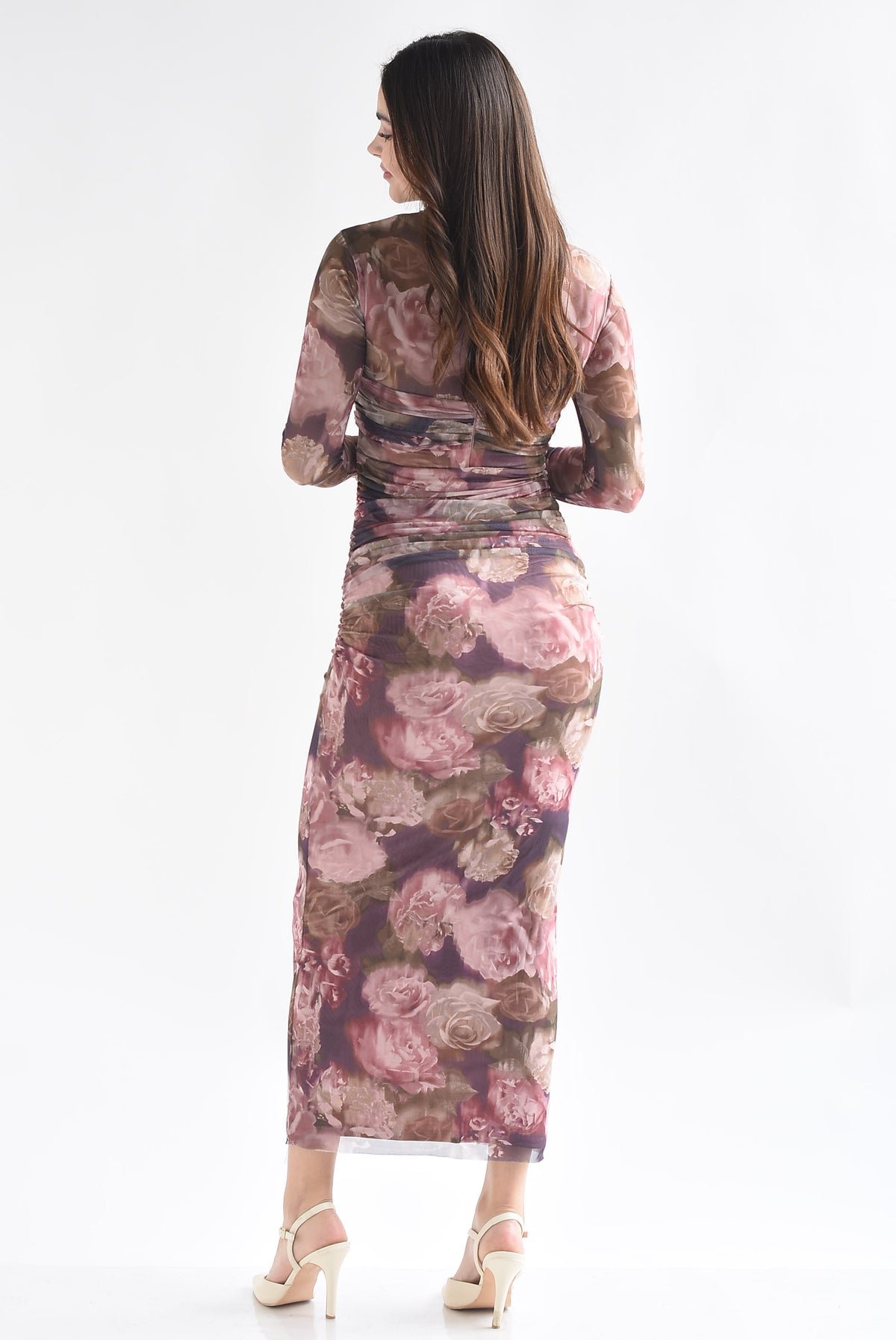 Vestido mesh copa drapeada flores tapiz