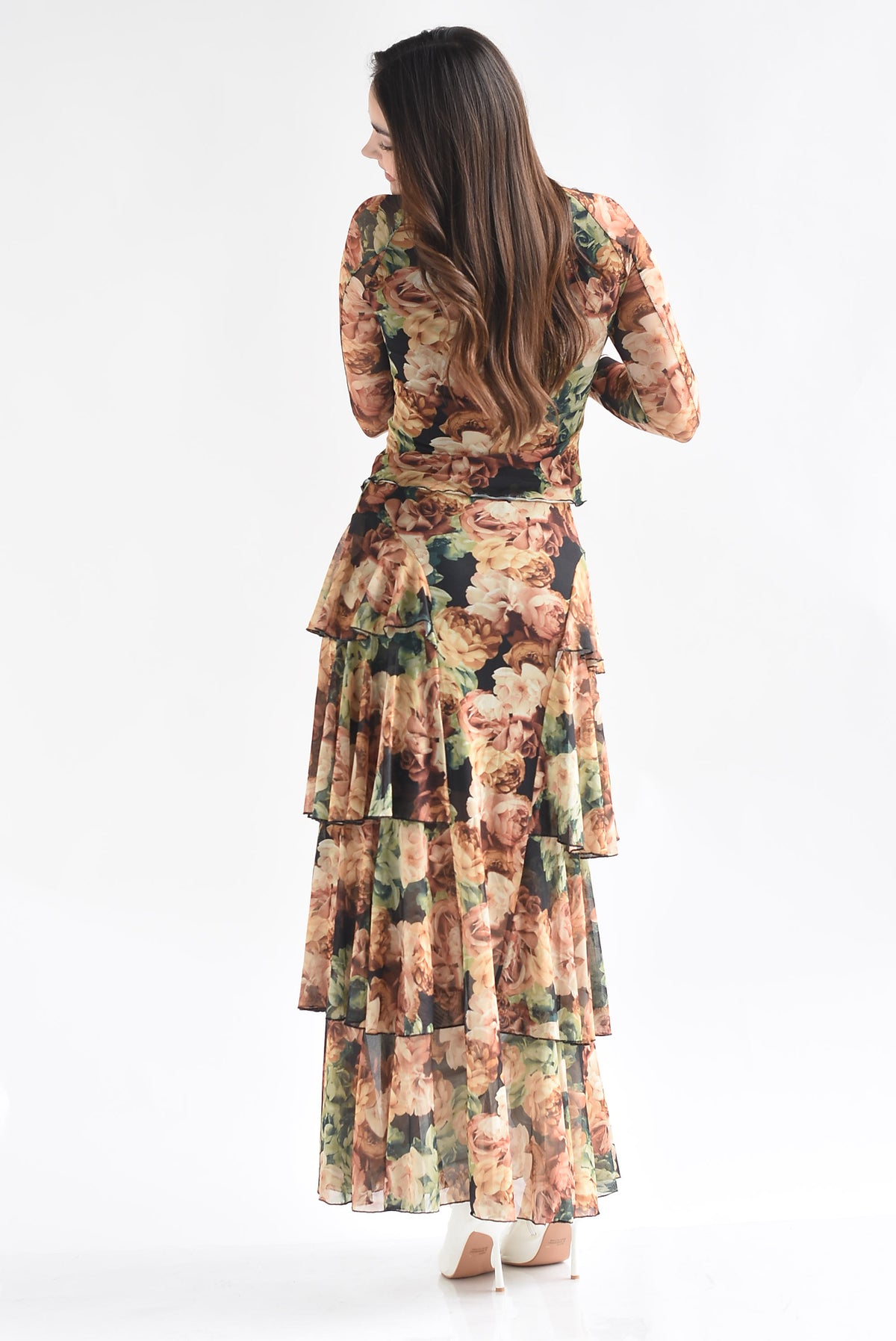 Set Falda olanes y Blusa mesh flores tapiz