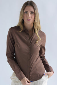 Fashion Styled Camisa pinzas manga larga Espresso