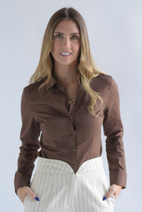 Fashion Styled Camisa pinzas manga larga Espresso