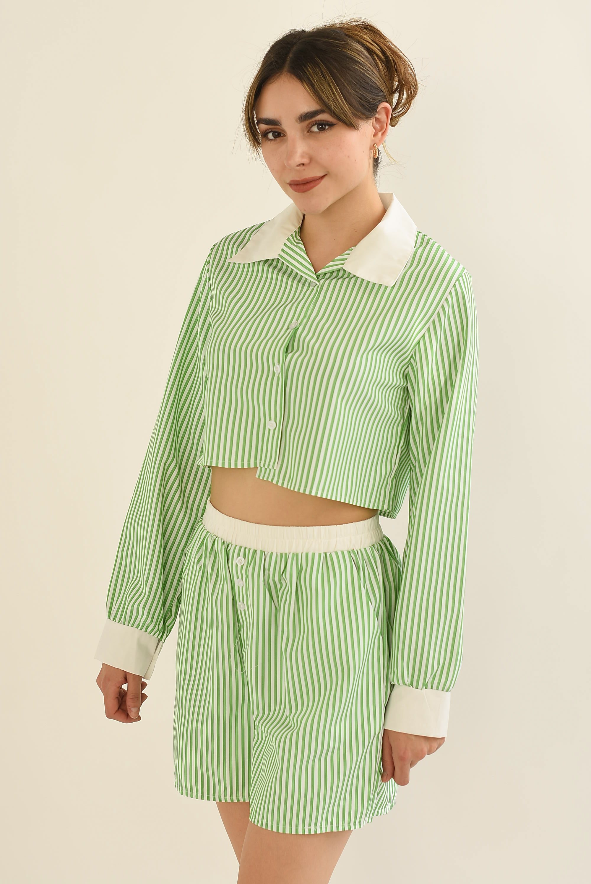 Set Short y Camisa rayas cuello Verde
