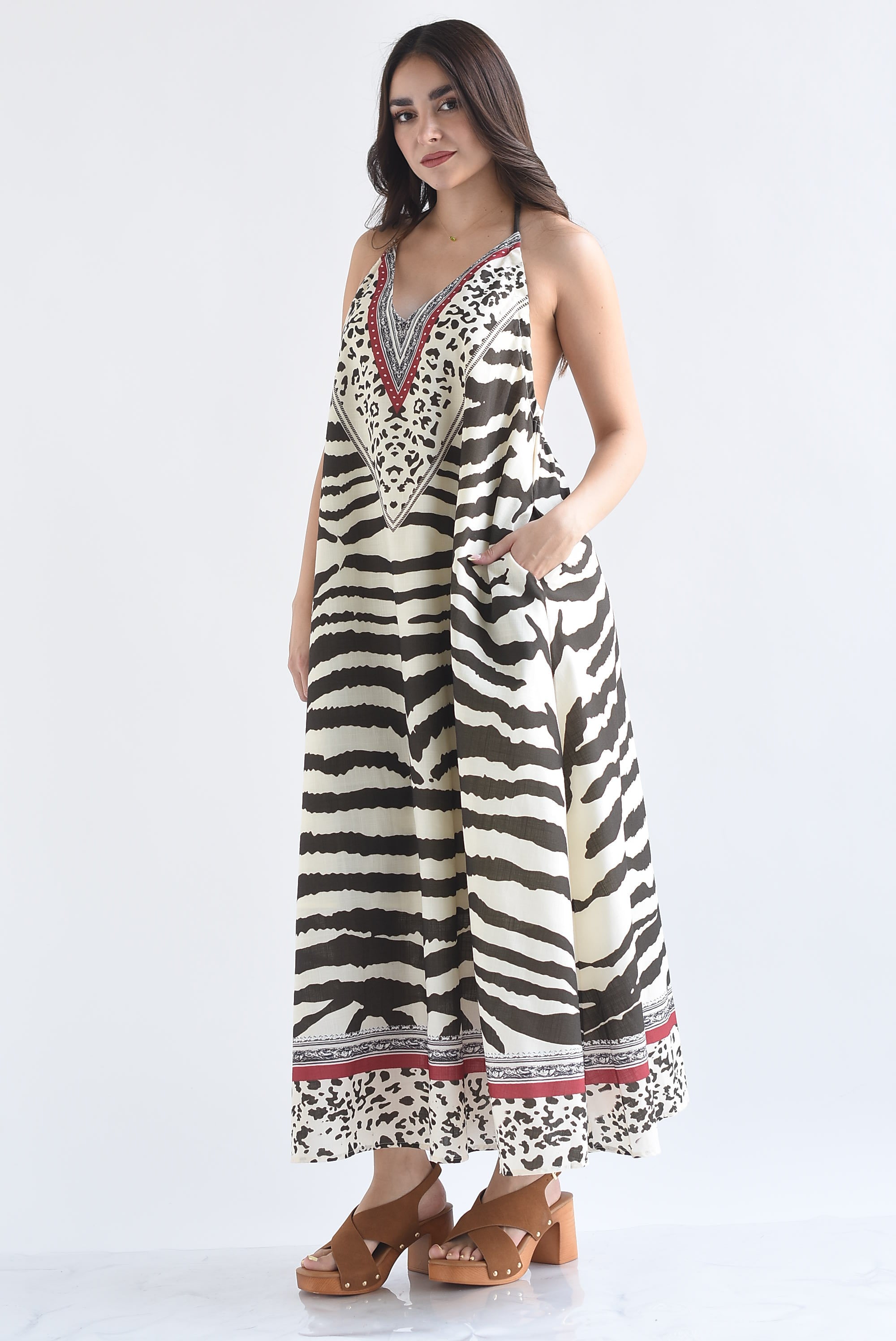 Vestido largo halter Zebra Espresso