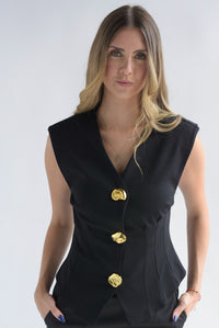 Fashion Styled Chaleco pinzas botones dorados Negro