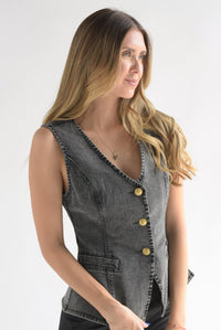 Fashion Styled Chaleco botones Denim Negro