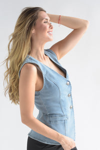 Fashion Styled Chaleco botones Denim Light