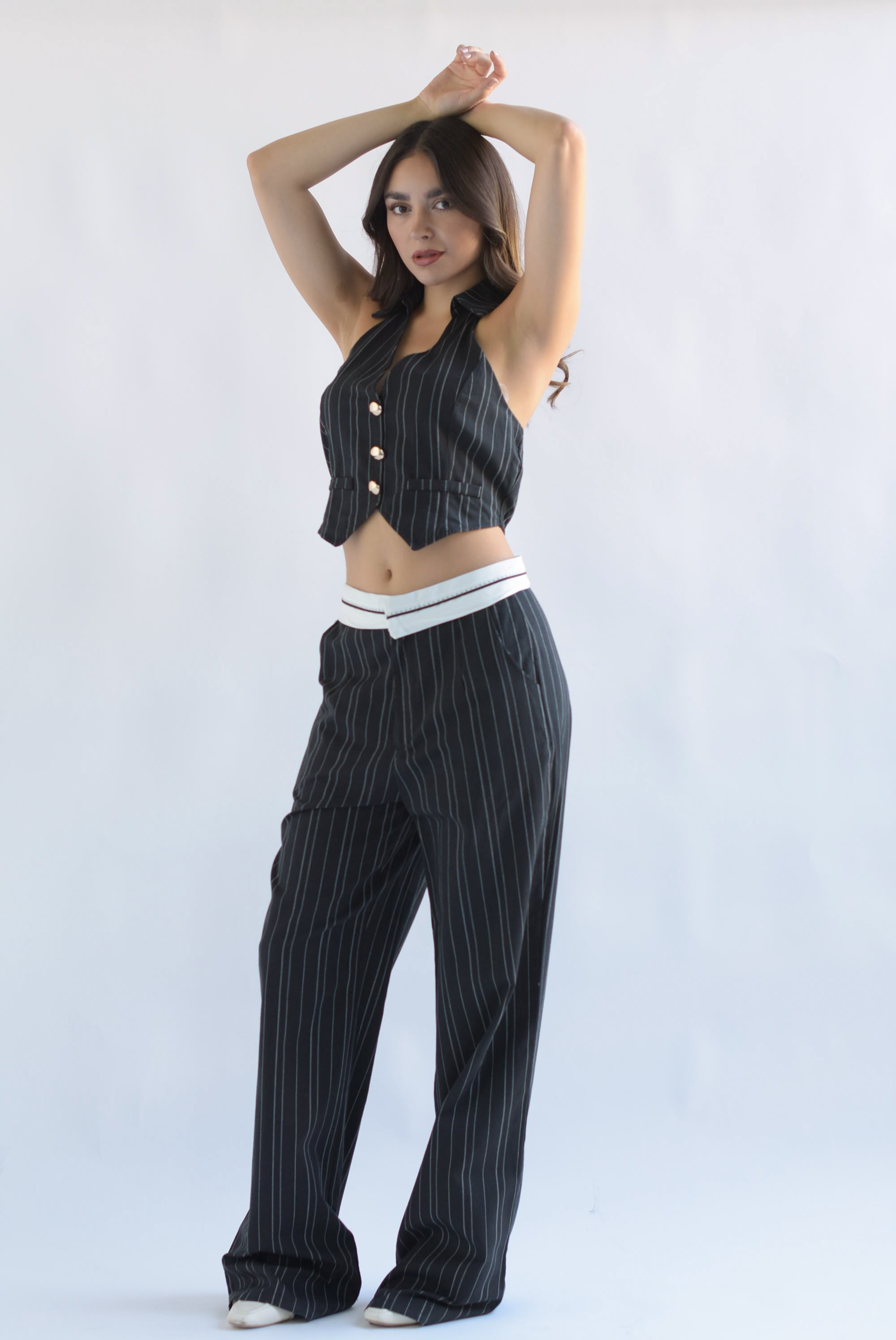 Set Pantalón y Chaleco halter líneas Negro