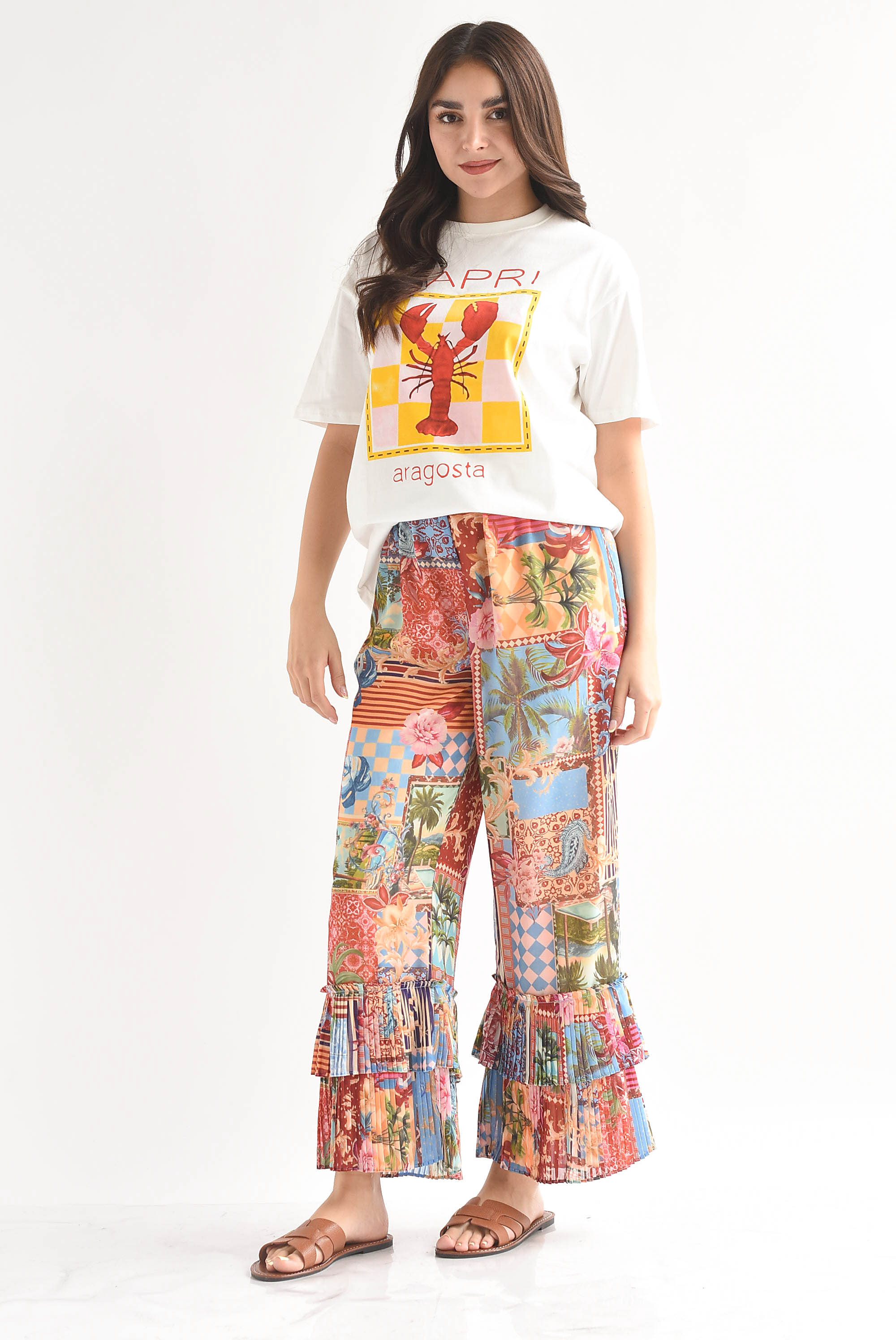 Pantalón olán plisado patchwork tropical