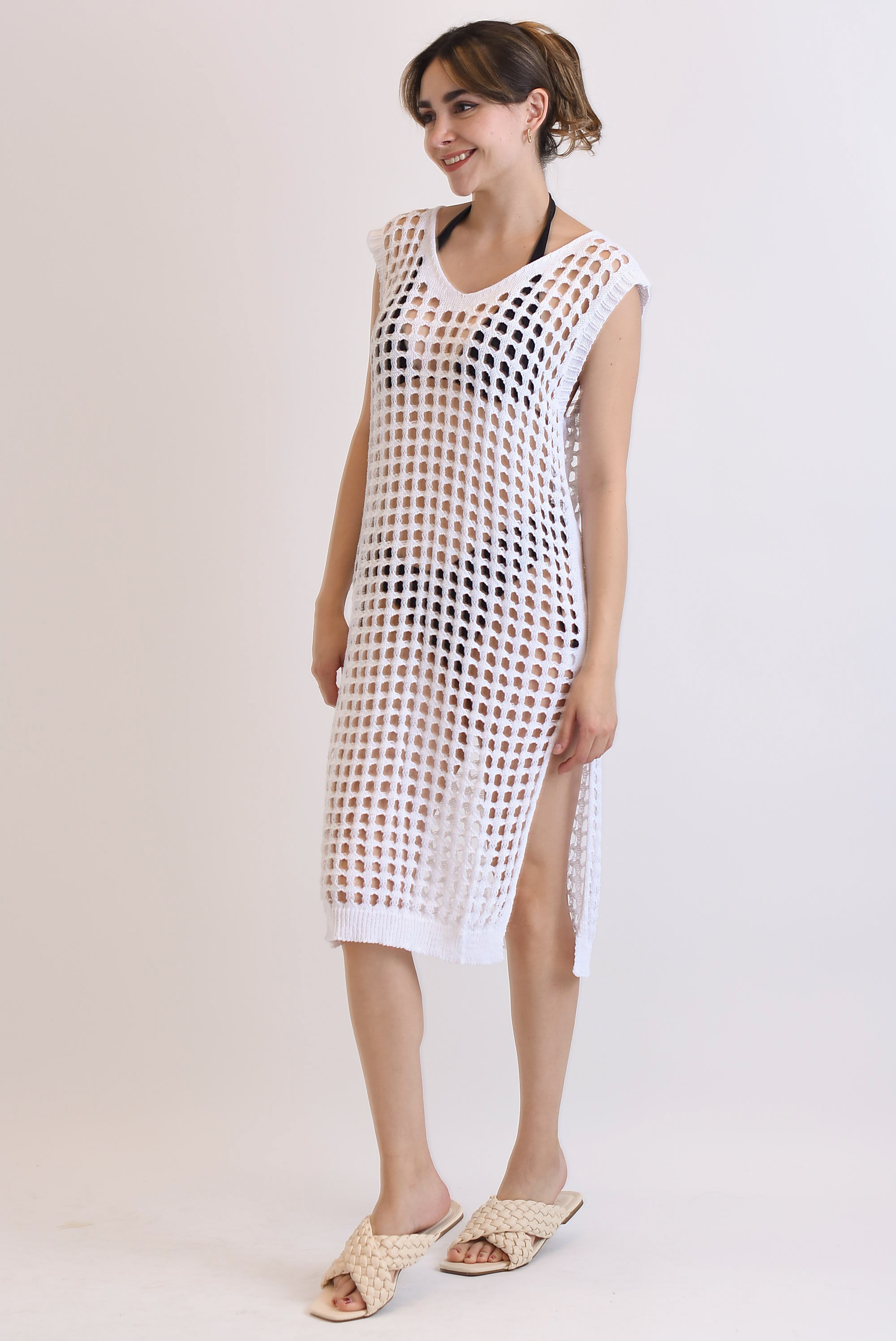 Vestido midi crochet sin manga Blanco